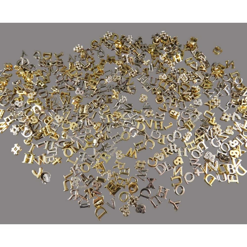 LOT OF 460 Silver & Gold Tone LETTER SLIDE CHARMS SYMBOLS ALPHABET Some Crystal